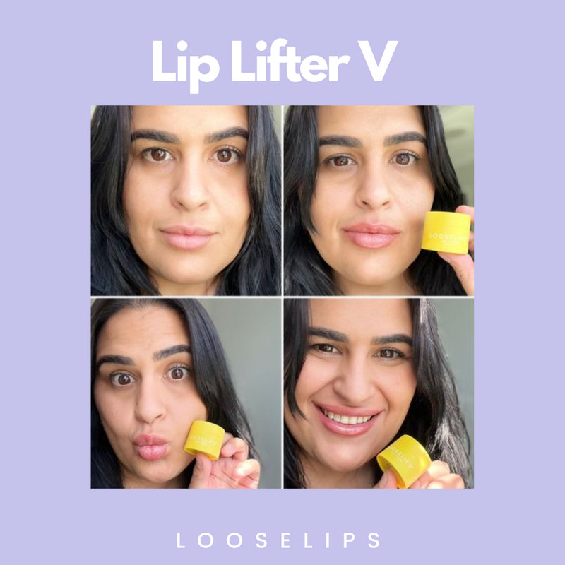 Four photos on a grid showing a happy customer smiling and holding the looselips lip lifter v