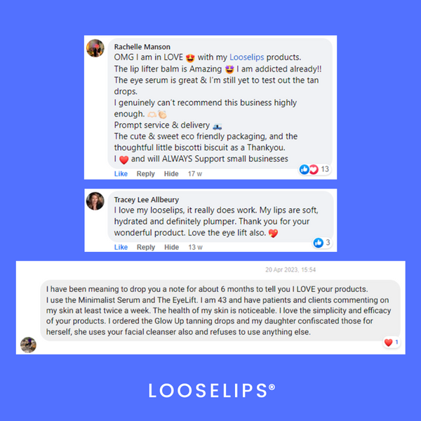 screenshot of looselips customer reviews taken from the looselips facebook page. i love my looselips products.