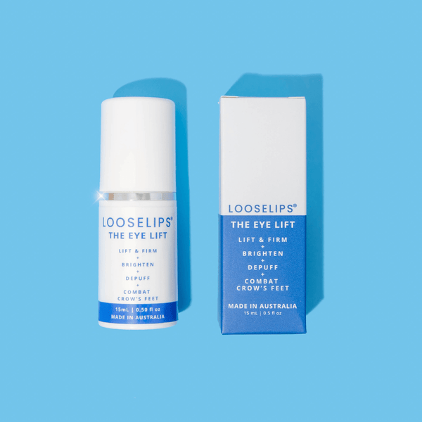 Photo of the Looselips Eye Lift against a bright blue background. Lift and Firm, Brighten, Depuff and combat crow's feet.